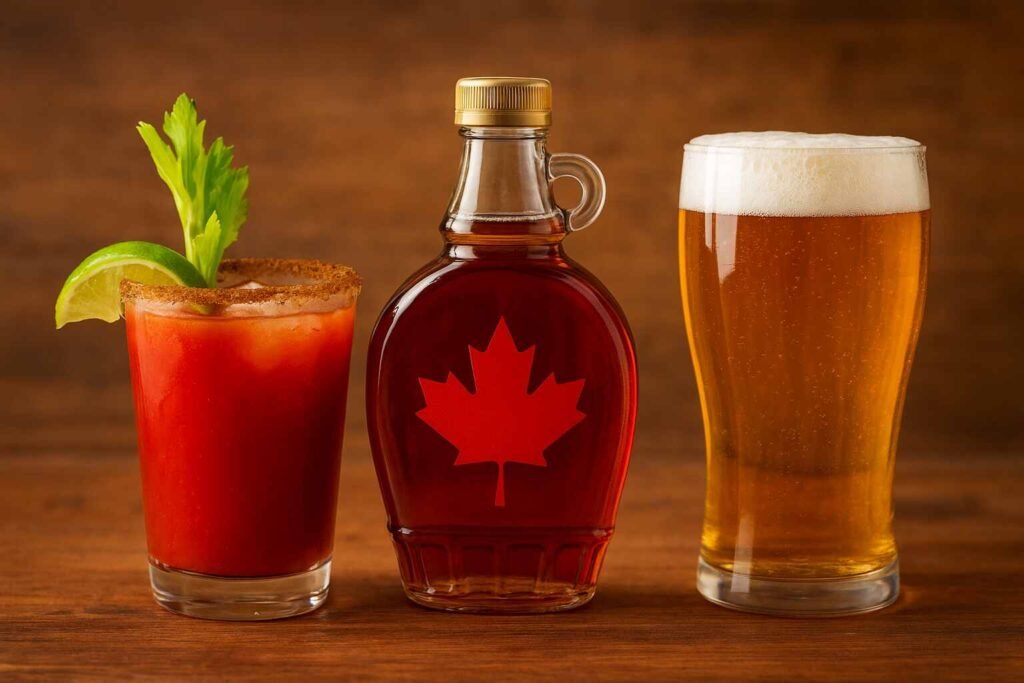 A selection of iconic Canadian drinks, including a Caesar cocktail, maple-inspired beverages, and ice wine, arranged on a wooden table to represent popular drinks of Canada.