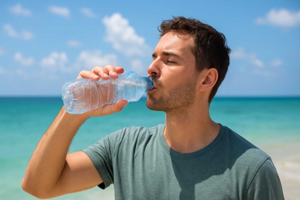 A young man drinking from a plastic water bottle on a sunny beach, with turquoise ocean water and a bright blue sky in the background.