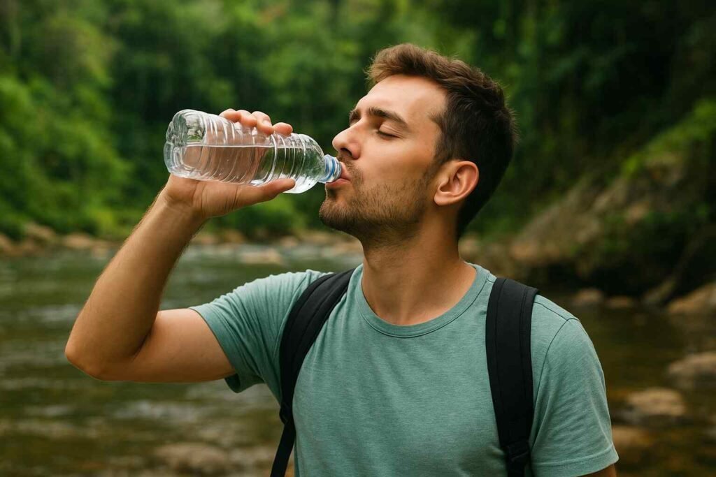 Traveler drinking bottled water outdoors in a tropical setting, representing safe hydration practices for visitors wondering if you can drink the water in Thailand.