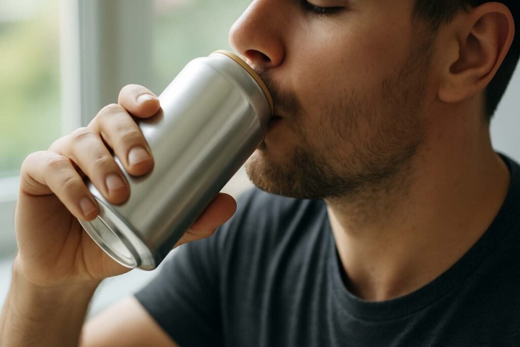 "A close-up of a man drinking beer from a can indoors, showing his hand holding the aluminum can and his face in partial profile, capturing a natural and realistic moment."
