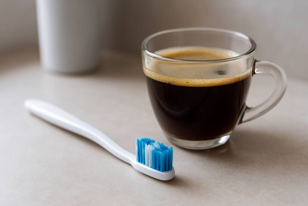"A close-up of a toothbrush placed next to a cup of black coffee on a bathroom counter, representing the time gap needed before drinking coffee after brushing teeth."