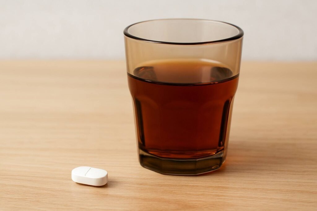 "A close-up of a wooden table with a glass of alcohol next to a blister pack of capsules and scattered pills, representing the timing and safety concerns of drinking alcohol after taking gabapentin."