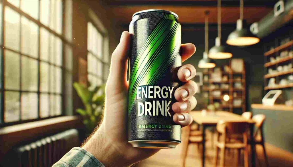 Hand holding a tall energy drink can in a realistic indoor setting, illustrating the size of a typical energy drink can