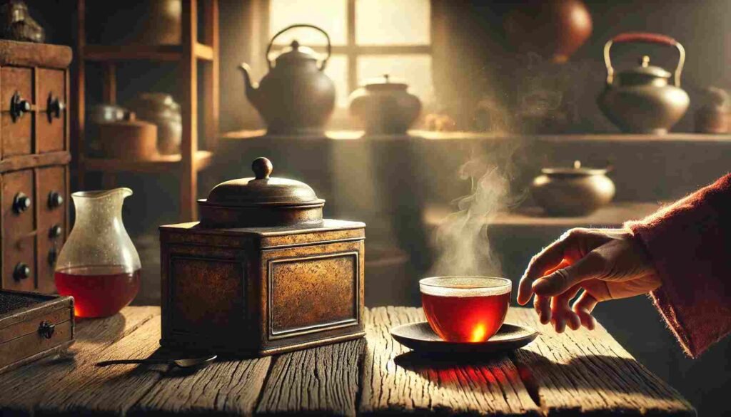 A steaming cup of tea beside an old rustic tea container on a wooden table, symbolizing aged or vintage tea discussed in the article