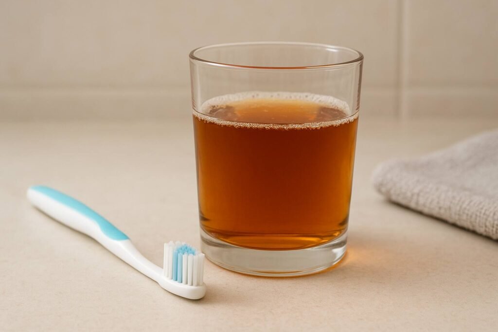 A close-up photo of a glass filled with amber-colored liquid placed on a bathroom counter, with a toothbrush lying beside it and a soft towel in the background, creating a clean and realistic scene.
